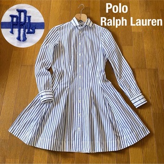 ポロラルフローレン(POLO RALPH LAUREN)の極美品　ポロ ラルフローレン　ストライプ　シャツ　ドレス　ワンピース　ロゴ刺繍(ひざ丈ワンピース)