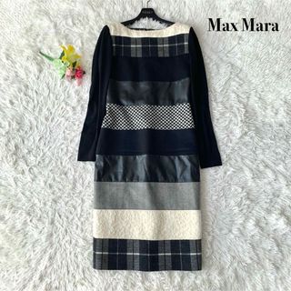 マックスマーラ(Max Mara)の【美品】マックスマーラ 膝丈 ワンピース レザー アルパカ混 ブラック M(ひざ丈ワンピース)