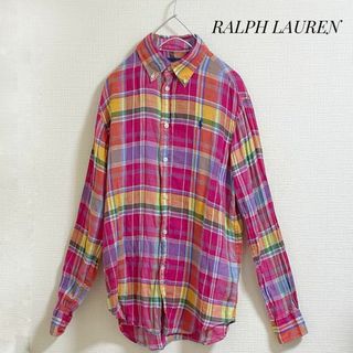 Ralph Lauren - ラルフローレン  ブラウス　チェック柄　リネン　ロゴ　春色　トップス