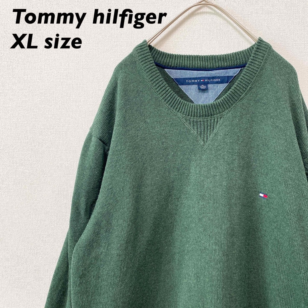 TOMMY HILFIGER(トミーヒルフィガー)のトミーヒルフィガー　ニット　セーター　無地　刺繍ロゴ　緑色　男女兼用　XLサイズ メンズのトップス(ニット/セーター)の商品写真