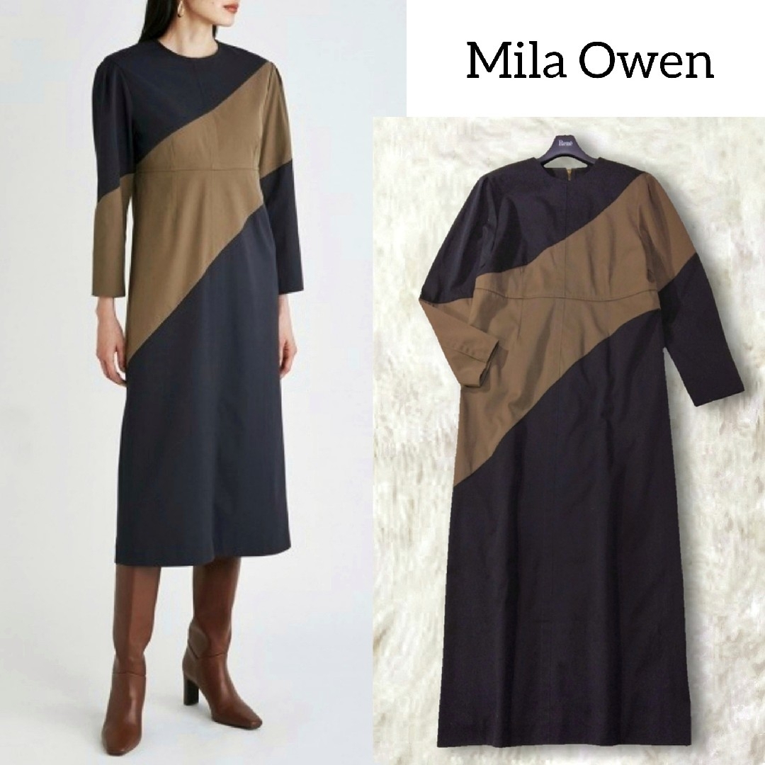 Mila Owen(ミラオーウェン)のミラオーウェン ✿ バイカラー 切替 ワンピース ネイビー 膝丈 ミディ 長袖 レディースのワンピース(ひざ丈ワンピース)の商品写真