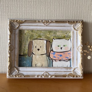 絵画。原画【かわいい子犬とピンク襟をかぶった白い猫】(絵画/タペストリー)