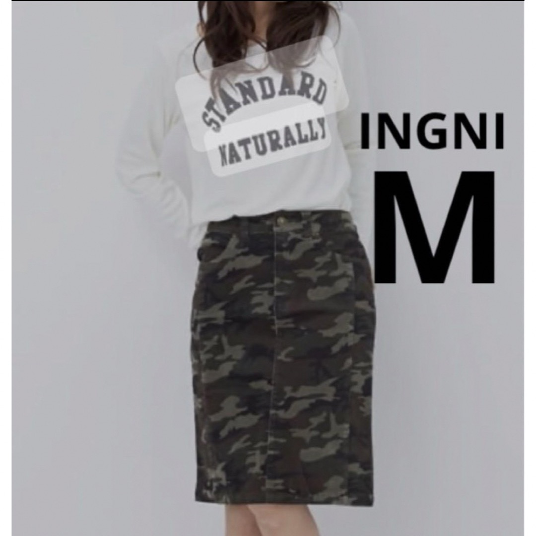 INGNI(イング)のINGNI レディース迷彩柄タイトスカート　ベルト付　カモフラ　カーキ　Mサイズ レディースのスカート(ひざ丈スカート)の商品写真