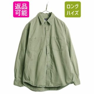 90s OLD GAP コットン ツイル 長袖 シャツ メンズ L / 90年代 オールド ギャップ 旧タグ ポケット付き 無地 カーキ ヘビーウェイト ワーク(シャツ)