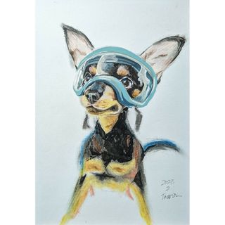 ゴーグル　犬　原画　絵画　インテリア　イラスト　ペット(絵画/タペストリー)