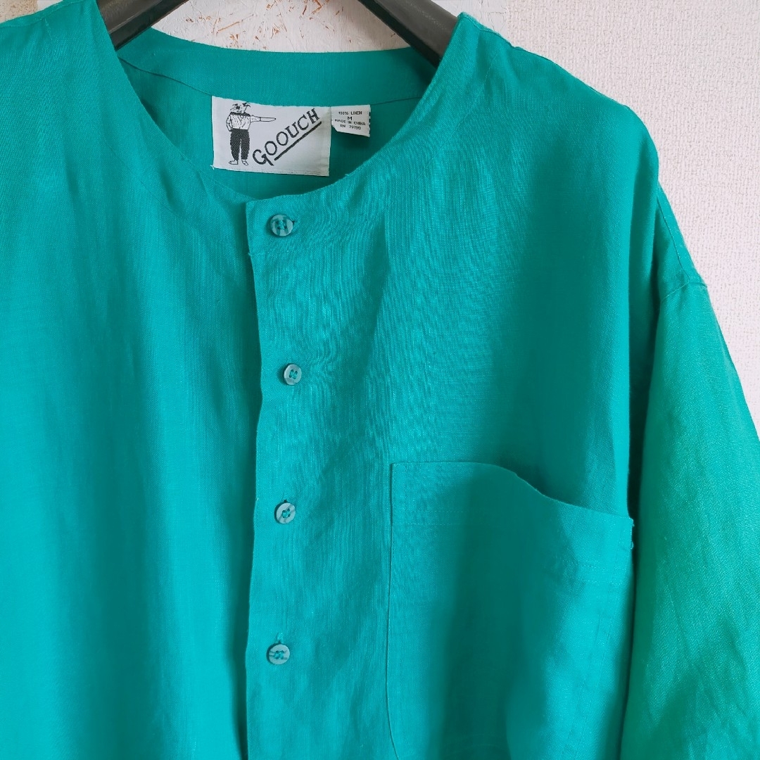 VINTAGE(ヴィンテージ)のGOOUCH 　半袖　ノーカラー　リネンシャツ　グリーン　パッチポケット　M メンズのトップス(シャツ)の商品写真