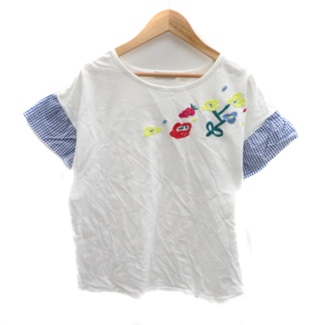 POU DOU DOU(プードゥドゥ)のプードゥドゥ Tシャツ カットソー 半袖 刺繡 切替 グラフチェック柄 M 白 レディースのトップス(Tシャツ(半袖/袖なし))の商品写真
