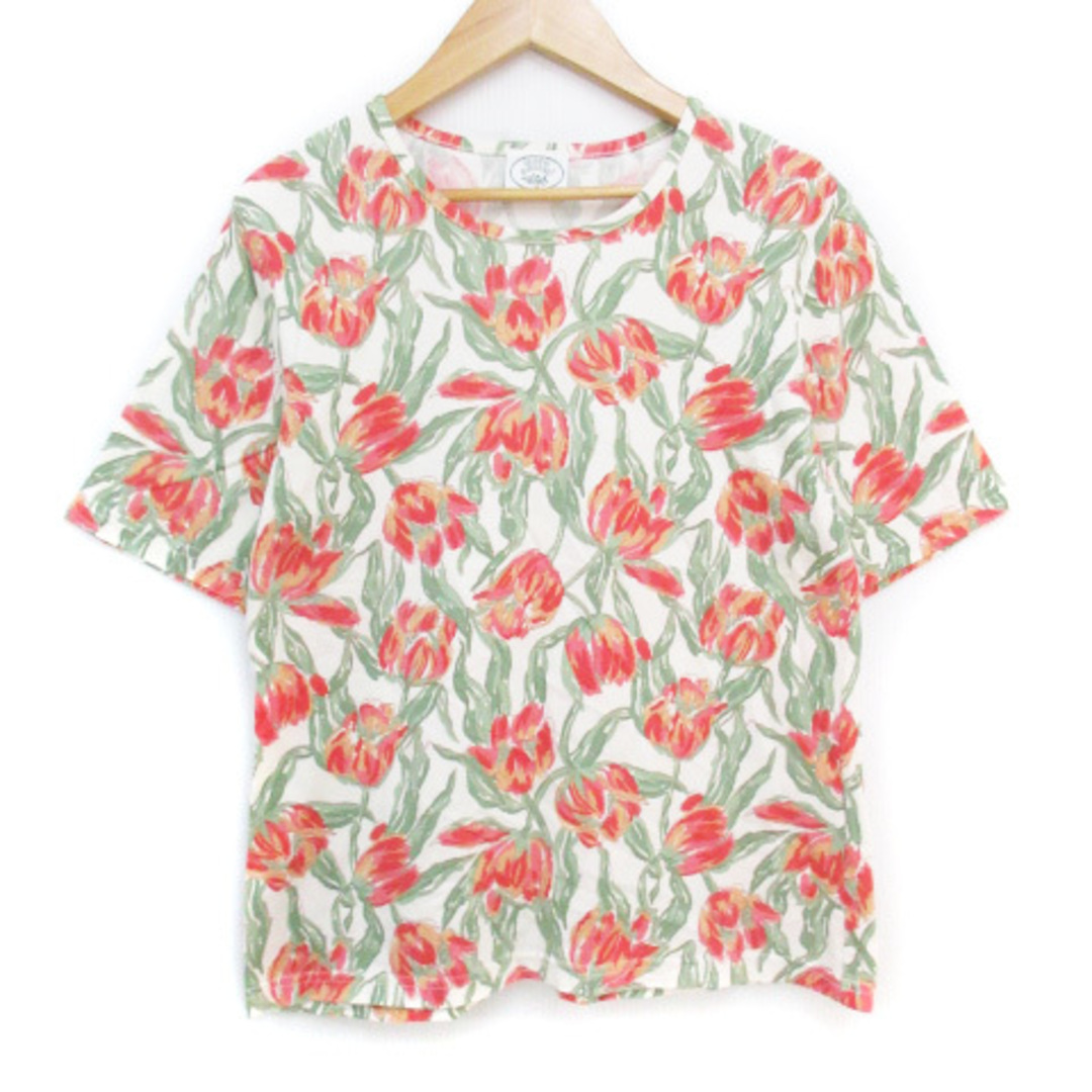 LAURA ASHLEY(ローラアシュレイ)のローラアシュレイ Tシャツ カットソー 半袖 ラウンドネック 花柄 L 白 緑 レディースのトップス(Tシャツ(半袖/袖なし))の商品写真