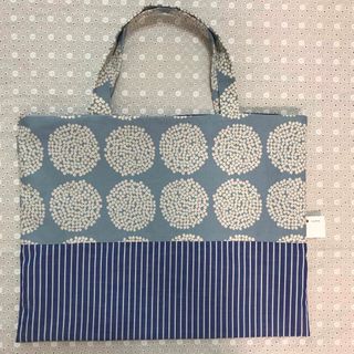 北欧あじさい柄×ストライプのレッスンバッグCHECK&STRIPEハンドメイド(バッグ/レッスンバッグ)