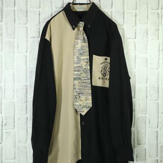 【レトロ古着】ネクタイシャツ 刺しゅうロゴ シルクネクタイ バイカラー L-XL(シャツ)