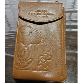 スヌーピー(SNOOPY)のスヌーピー 財布機能付き スマホショルダー スマホケース キャメル 本革(ポーチ)