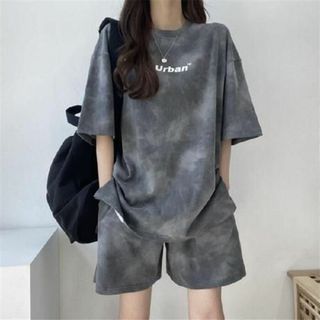 ビッグシルエット タイダイ 柄 総柄 Tシャツ パンツ セットアップ グレー(セット/コーデ)