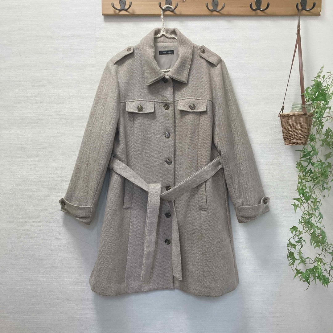 L　ロング　コート　ヘリンボーンツイード　ベージュ レディースのジャケット/アウター(ロングコート)の商品写真