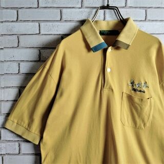 ポロシャツ☆日本製　シャツ　半袖　ハーフボタン　ロゴ刺繍　鳥　襟切替　からし色(ポロシャツ)
