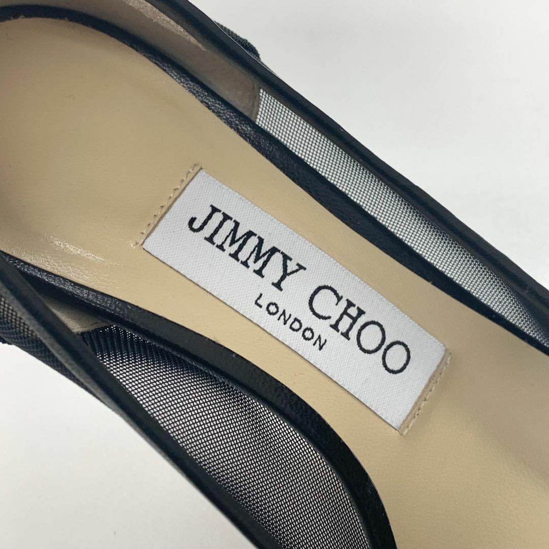 JIMMY CHOO(ジミーチュウ)の8398 ジミーチュウ メッシュ レザー ロゴ リボン パンプス ブラック レディースの靴/シューズ(ハイヒール/パンプス)の商品写真