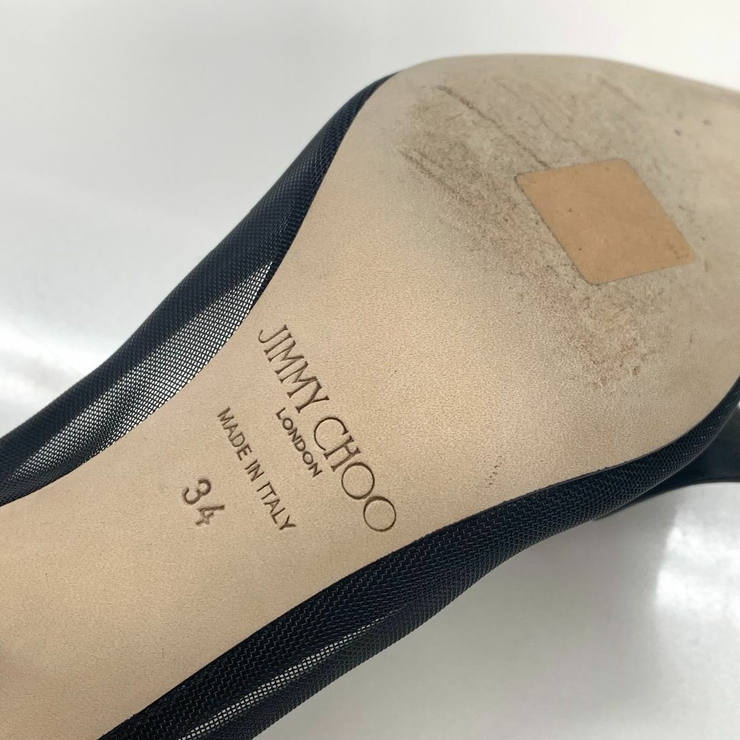 JIMMY CHOO(ジミーチュウ)の8398 ジミーチュウ メッシュ レザー ロゴ リボン パンプス ブラック レディースの靴/シューズ(ハイヒール/パンプス)の商品写真