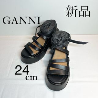 GANNI ガニー　レザーサンダル　ブラック　24cm(サンダル)