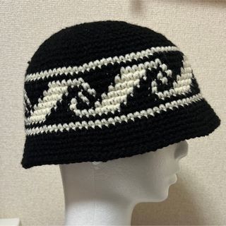 クラッシャーハット ブラック×ホワイト ハンドメイド(ニット帽/ビーニー)