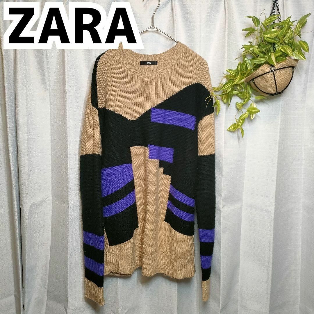 ZARA(ザラ)のZARA ニット 総柄 ベージュ M ザラ セーター 総柄 デザイン メンズのトップス(ニット/セーター)の商品写真