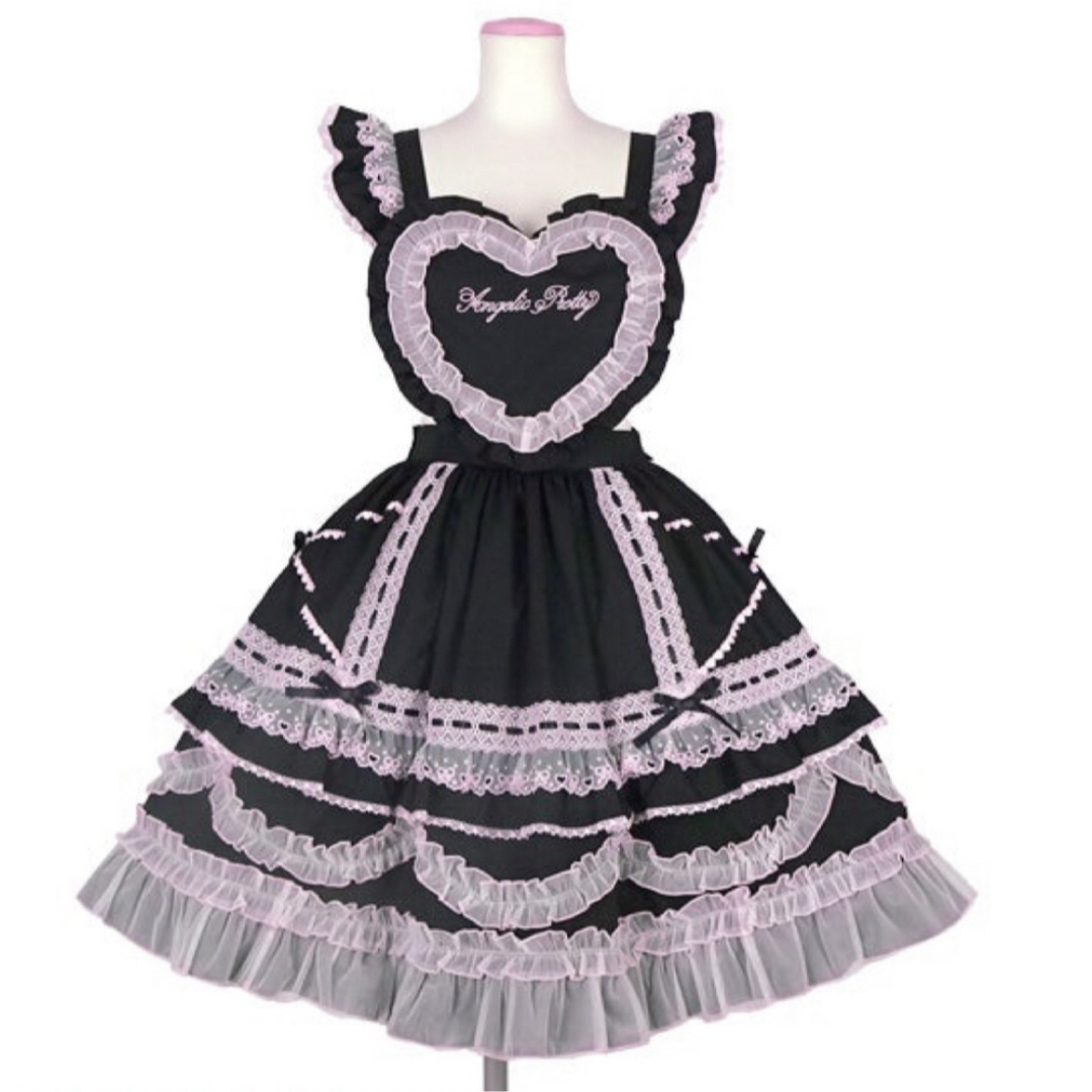 Angelic Pretty(アンジェリックプリティー)のangelic pretty Heart胸あて付スカート　黒ピンク レディースのスカート(ひざ丈スカート)の商品写真