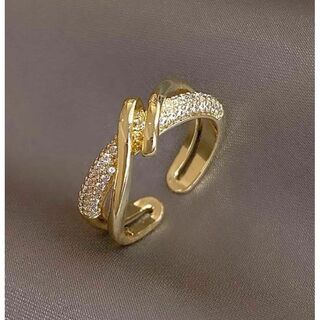 ゴールドリング　ジルコニア　指輪　レディース　サイズフリー　韓国　新品(リング(指輪))