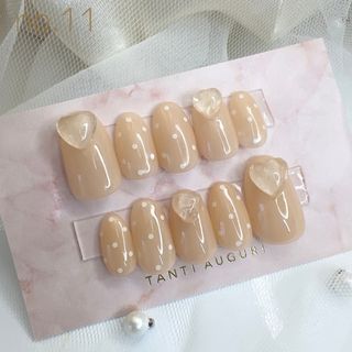 ネイルチップ♡即購入♡オーダー♡ドット　クリアハート　シンプルベージュ　韓国