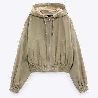 ザラ(ZARA)のZARA　リネンブレンドフードボンバージャケット　　L カーキ　新品(ブルゾン)