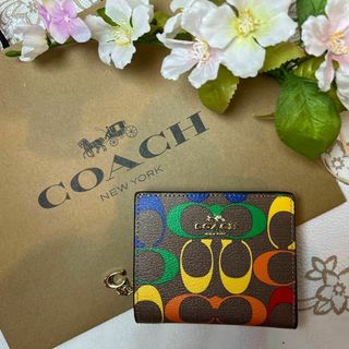 COACH ベージュ × レインボー シグネチャー 二つ折り(財布)