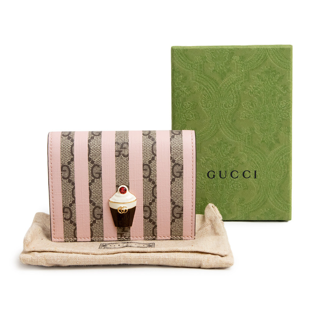 Gucci(グッチ)のグッチ アイスクリーム ピンクストライプ 二つ折り財布 GGスプリームキャンバス レザー ピンク ベージュ エボニー ゴールド金具 701489 箱付 GUCCI（新品・未使用品） レディースのファッション小物(財布)の商品写真