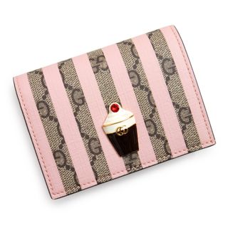 グッチ(Gucci)のグッチ アイスクリーム ピンクストライプ 二つ折り財布 GGスプリームキャンバス レザー ピンク ベージュ エボニー ゴールド金具 701489 箱付 GUCCI（新品・未使用品）(財布)