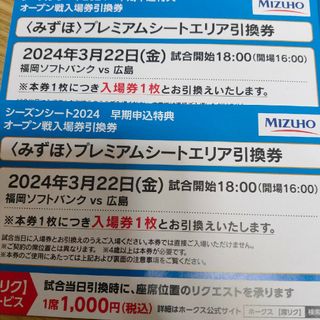 3月22日 みずほプレミアムシート引換券2枚(野球)