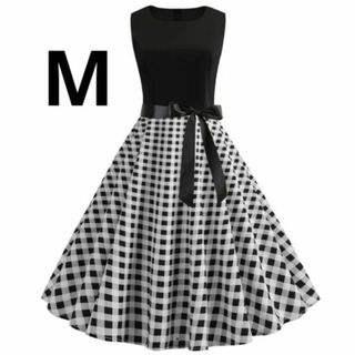 新品☆腰リボン付き♪ウエスト切り替えチェック柄ワンピース　Ｍ(ひざ丈ワンピース)