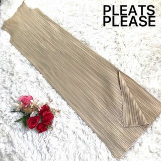 プリーツプリーズイッセイミヤケ(PLEATS PLEASE ISSEY MIYAKE)の【美品】プリーツプリーズ マキシ丈ノースリーブワンピース S相当 ベージュ(ロングワンピース/マキシワンピース)