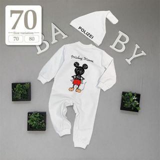 70cm｜ホワイト〔ミッキー長袖カバーオール〕ディズニーTシャツ 子供ロンパース(カバーオール)