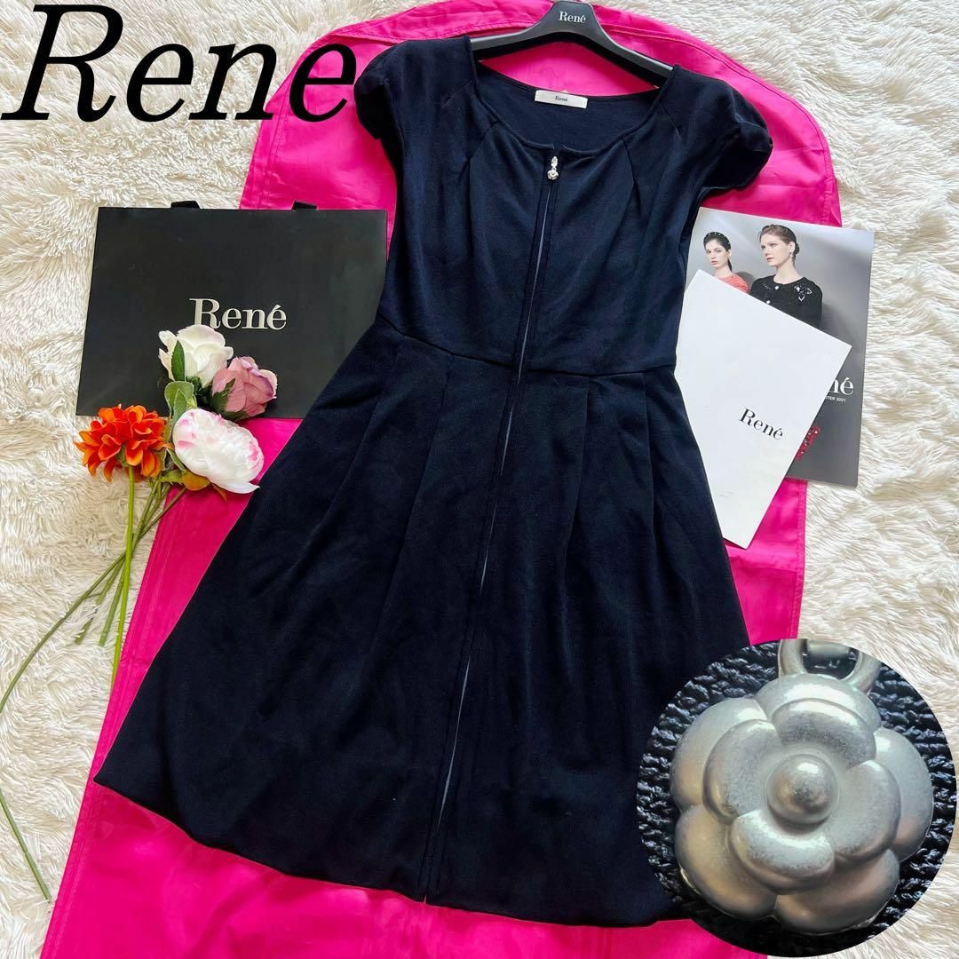 美品】Rene 膝丈コートワンピース ブラック 半袖 リボン 36 フレア 美品】Rene 膝丈コートワンピース ブラック 半袖 リボン 36 フレア