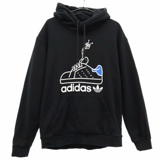 アディダス(adidas)のアディダス プリント 長袖 スウェットパーカー L ブラック adidas トレフォイルロゴ プルオーバー トレーナー メンズ 古着 【240316】(パーカー)