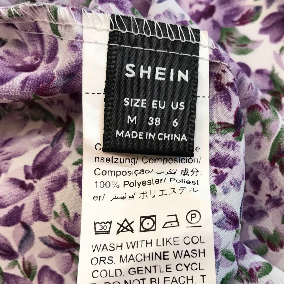 SHEIN(シーイン)の【リゾート♪】シーイン スクエアネック 花柄 シャーリングワンピース ﻿紫 M レディースのワンピース(ロングワンピース/マキシワンピース)の商品写真