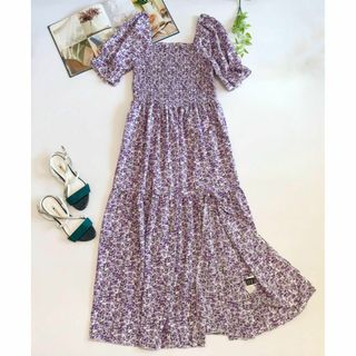 シーイン(SHEIN)の【リゾート♪】シーイン スクエアネック 花柄 シャーリングワンピース ﻿紫 M(ロングワンピース/マキシワンピース)