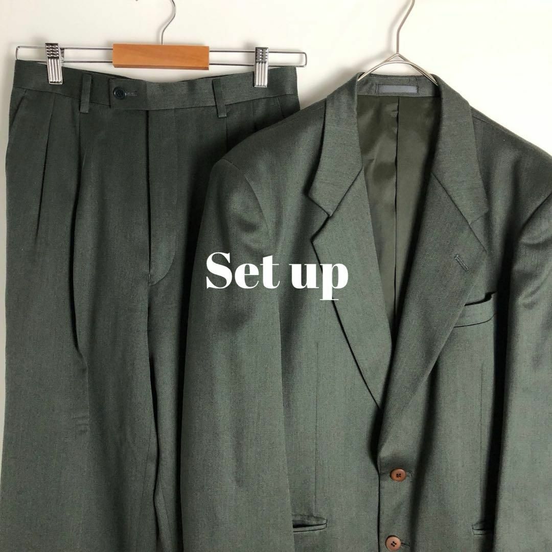 【セットアップ　シングル　ウール100%　茶ボタン　ダークカラー　緑　古着】 メンズのスーツ(セットアップ)の商品写真