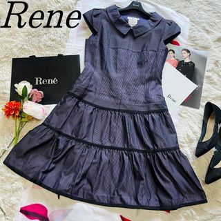 ルネ(René)の【美品】Rene 膝丈ワンピース フレア 半袖 TISSUE 38 襟 パープル(ひざ丈ワンピース)