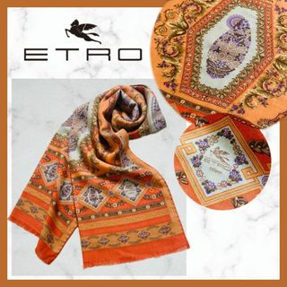 エトロ(ETRO)の351＊エトロ スカーフ　ショール大判 シルク ペイズリー柄　花柄ウールオレンジ(ストール/パシュミナ)