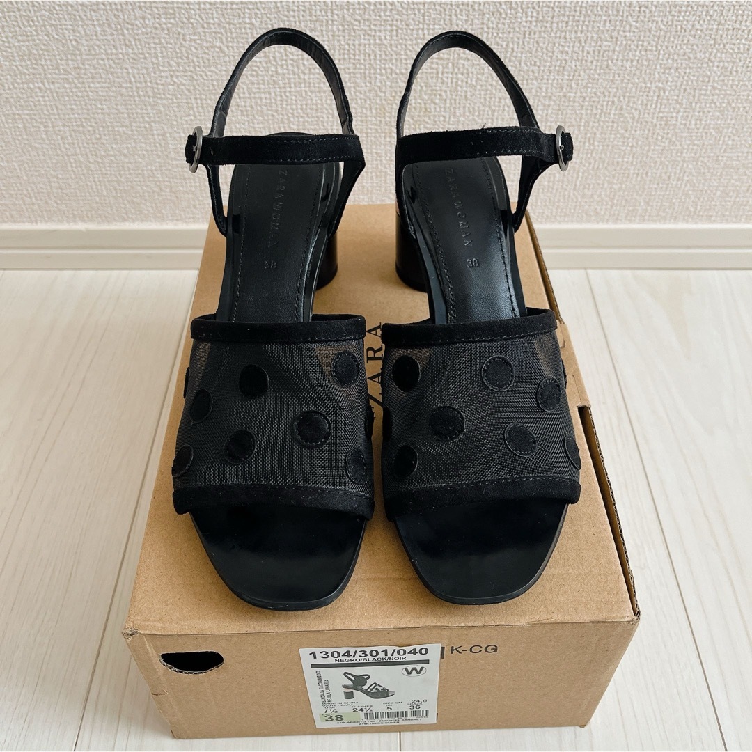 ZARA(ザラ)のZARA ドット ヒール アンクルストラップ サンダル 38 24 24.5黒 レディースの靴/シューズ(サンダル)の商品写真