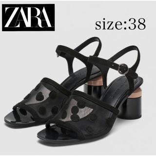 ザラ(ZARA)のZARA ドット ヒール アンクルストラップ サンダル 38 24 24.5黒(サンダル)