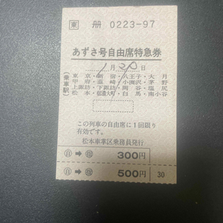 ジェイアール(JR)のJR松本車掌区発行　あずさ号自由席特急券(鉄道)
