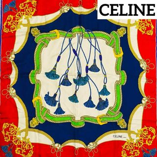 セリーヌ(celine)の★CELINE★ スカーフ 大判 タッセル シルク レッド ネイビー パープル(バンダナ/スカーフ)