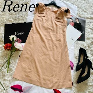 ルネ(René)の【良品】Rene 膝丈ワンピース リボン オレンジ ノースリーブ 34 フレア(ひざ丈ワンピース)