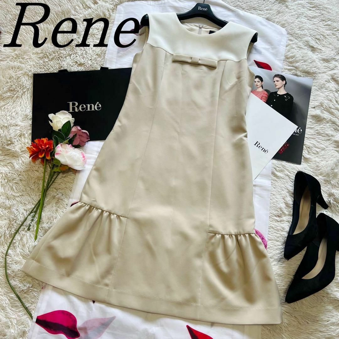 美品】Rene 膝丈ワンピース ホワイト ベージュ バイカラー 36 リボン 美品】Rene 膝丈ワンピース ホワイト ベージュ バイカラー 36 リボン