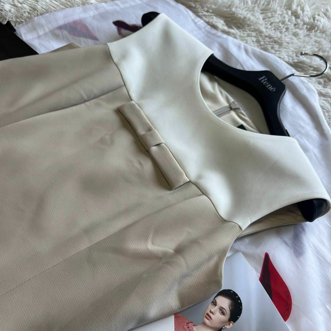 美品】Rene 膝丈ワンピース ホワイト ベージュ バイカラー 36 リボン 美品】Rene 膝丈ワンピース ホワイト ベージュ バイカラー 36 リボン