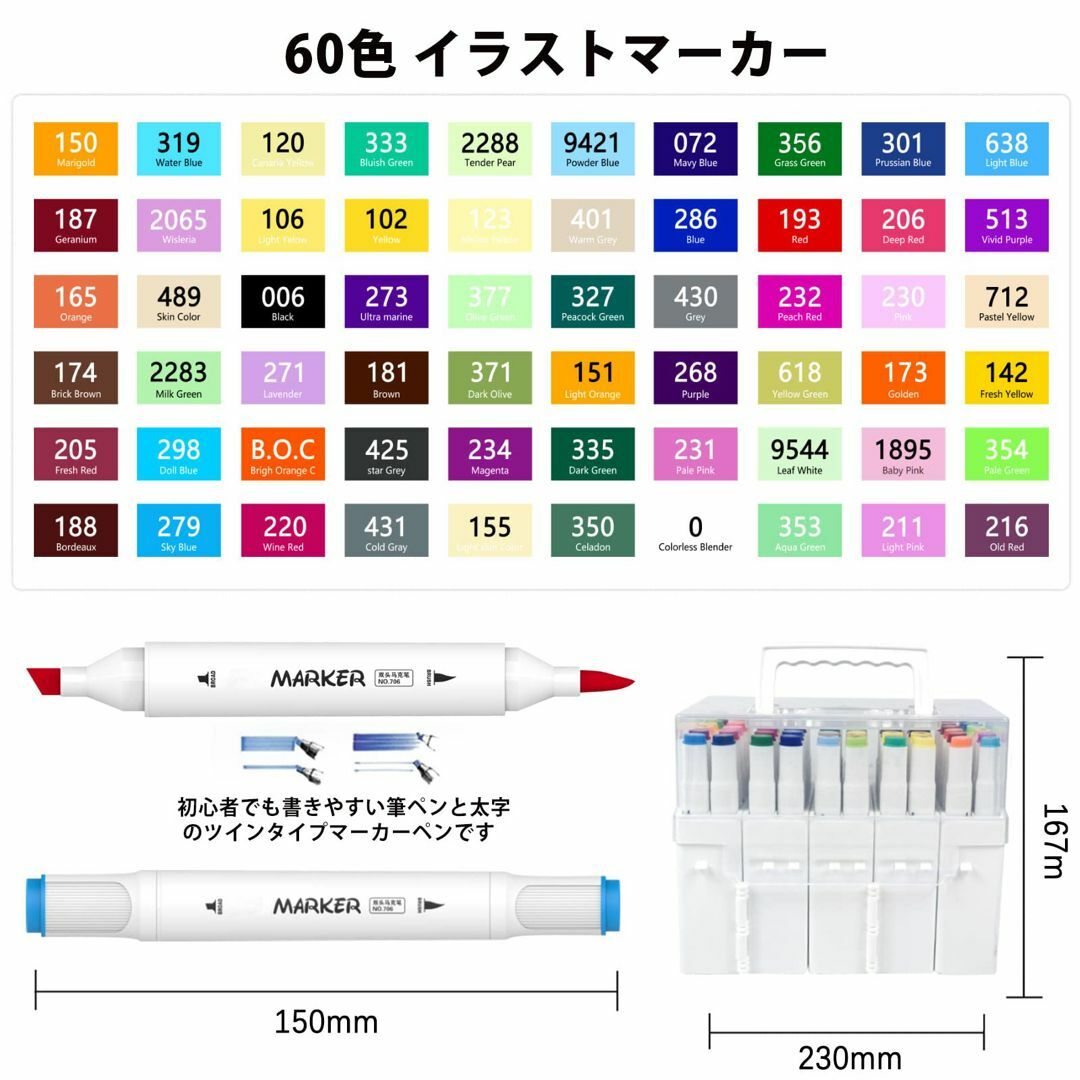 Aiwolin 油性ペン マーカーペン 60本イラストマーカー 太細両端 ハンドメイドの文具/ステーショナリー(その他)の商品写真