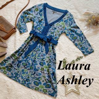 ローラアシュレイ(LAURA ASHLEY)の【美品】LauraAshley ボタニカル　ワンピース Mリーフ　緑　春夏(ひざ丈ワンピース)